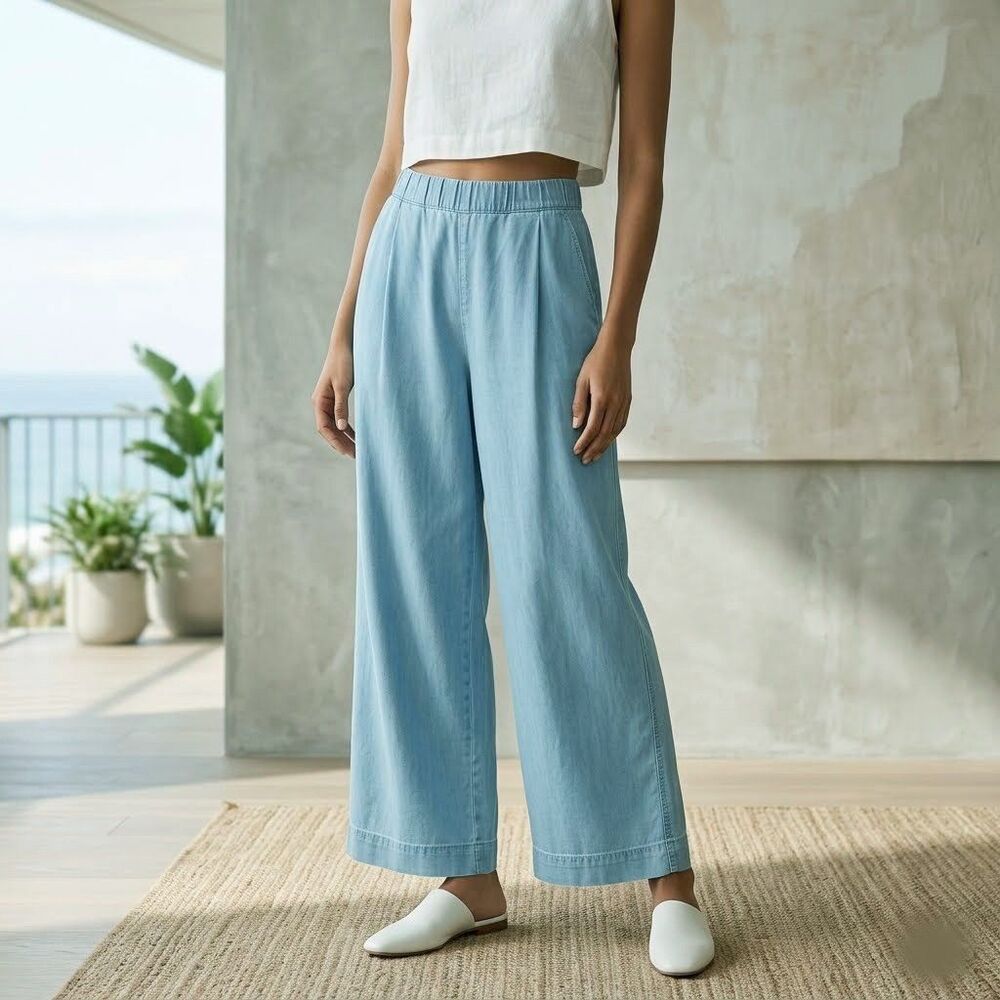 Free People Women's Wide-Leg Drawstring Trouser Pants Adjustable Blue XS 289009